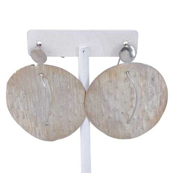 Estate Sterling Silver 925 Large Hammered Disc Earrings - Picture 3 of 7